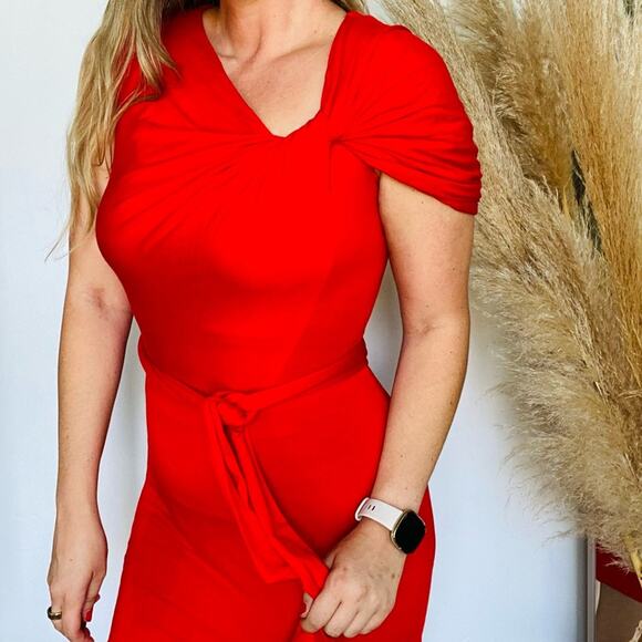 TRINA TURK Nordstrom Red Bodycon Twist Neck Tie Waist Knee Length Midi Dress 4 - Picture 3 of 8
